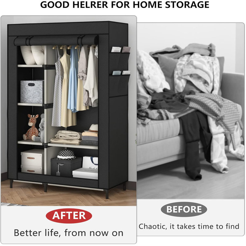 Canvas Wardrobe Portable Closet Wardrobe Clothes Storage With 6 Shelves And Hanging Rail Non Woven Fabric Quick And Easy Assembly Black